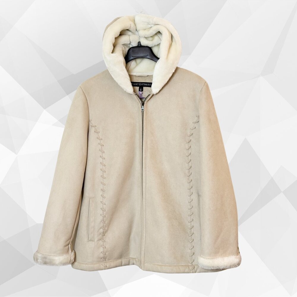 Women's Faux Shearling Ivory & Cream Hooded Winter Coat - Fleet Street Ltd. (XL)